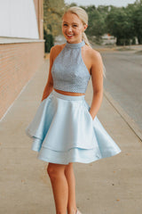 Two Piece Short Sky Blue Satin Homecoming Dress with Pockets