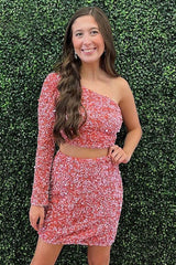 Two Piece Mermaid One Shoulder Tight Homecoming Dress with Sleeves