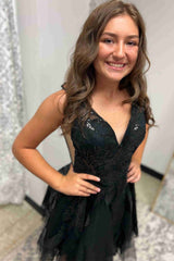 V-Neck Black A-line Sequin Appliques Lace Short Party Dress