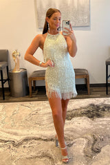 Short Mermaid Sequins Halter Sleeveless Homecoming Dress with Tassels