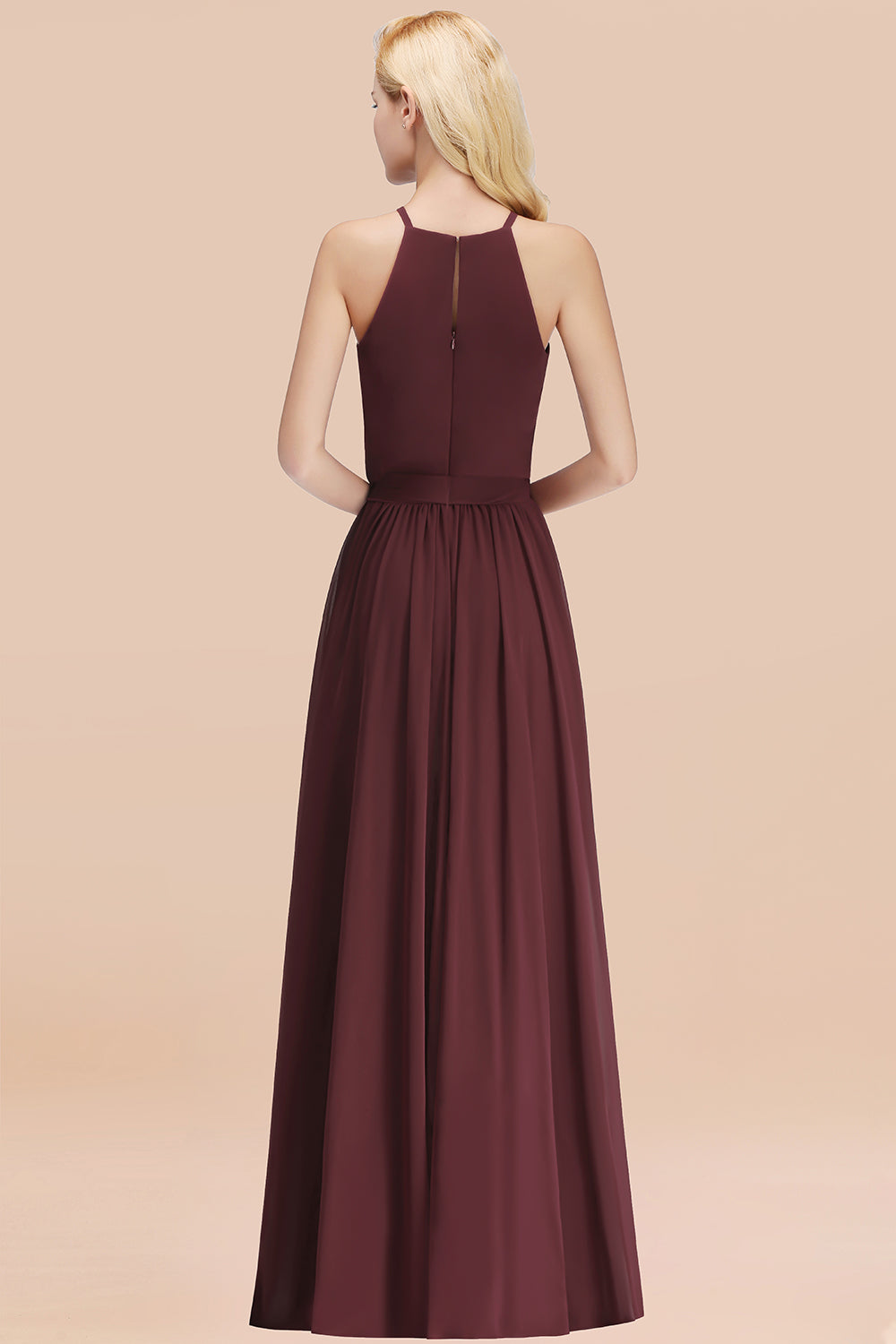 Modest Long A-line Halter Chiffon Bow Cabenet Bridesmaid Dresses
