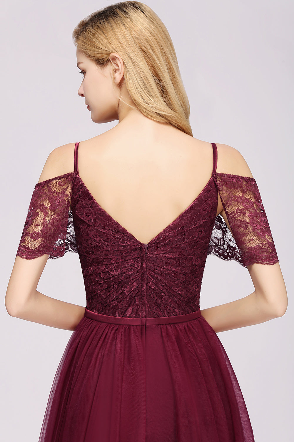 A-Line Chiffon Lace Sweetheart Spaghetti Straps Short Sleeves Floor Length Bridesmaid Dresses with Ruffles
