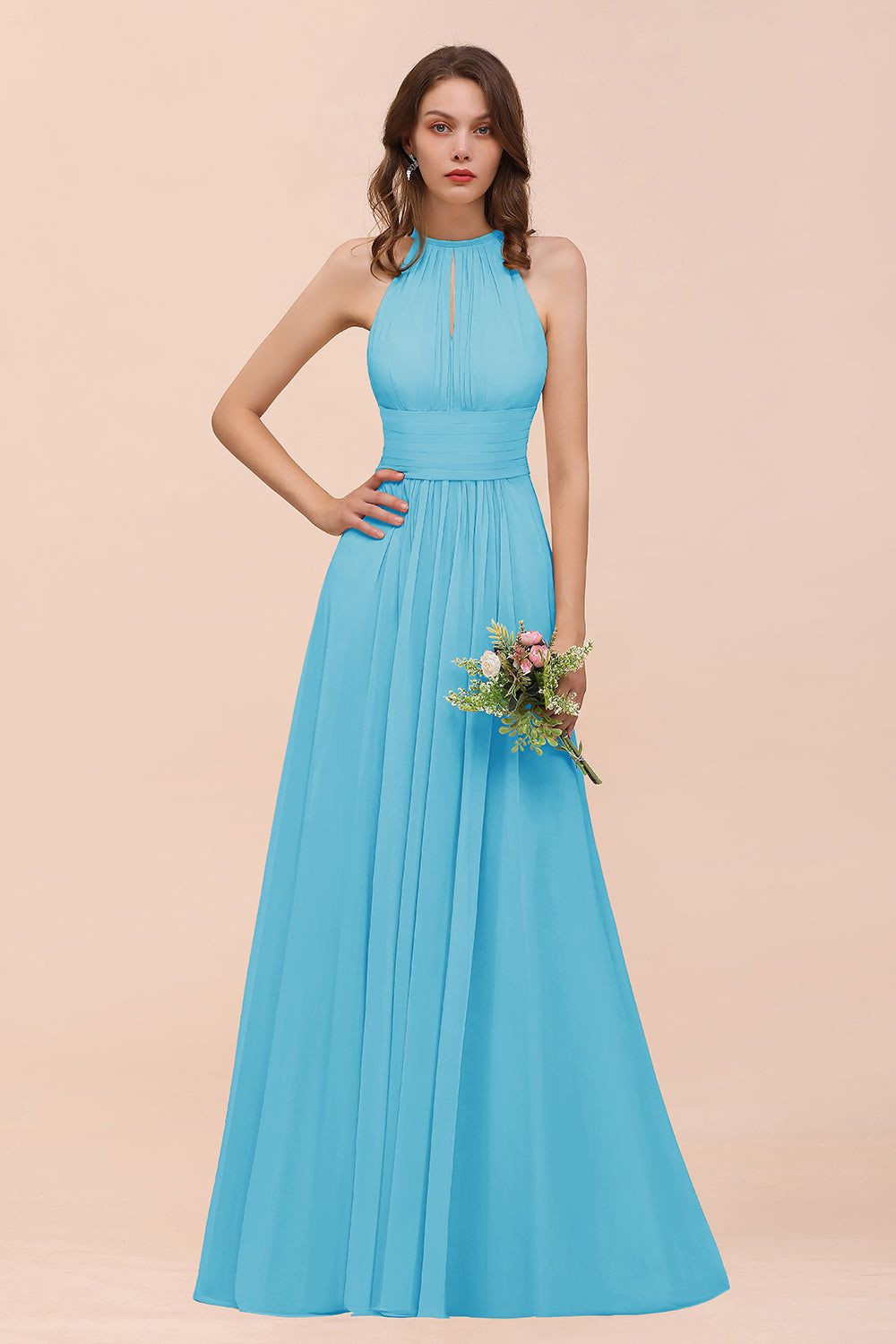 Elegant Long A-Line Jewel Ruffle Chiffon Champagne Bridesmaid Dress