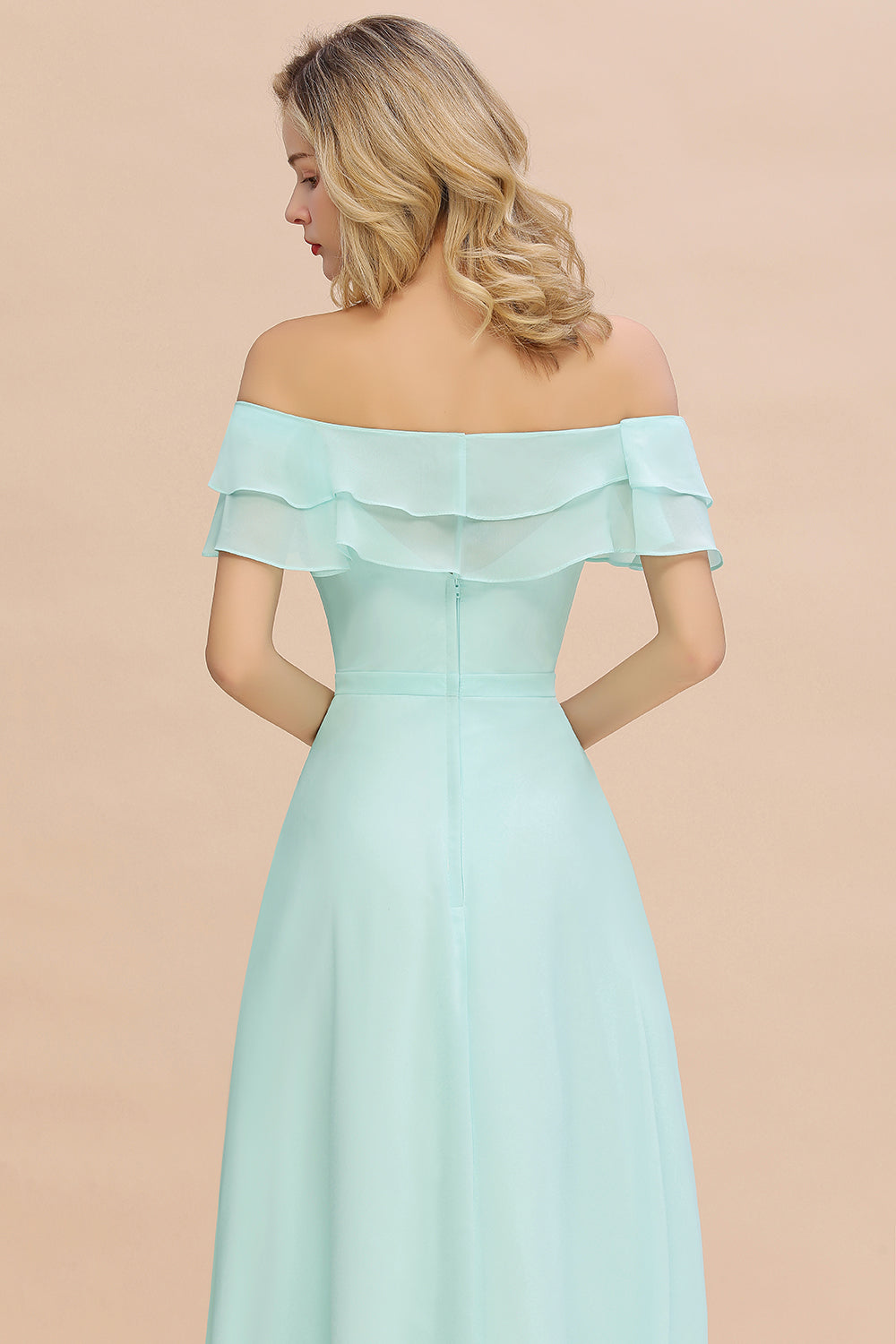 Off the Shoulder Front Slit Mint Green Long Bridesmaid Dress