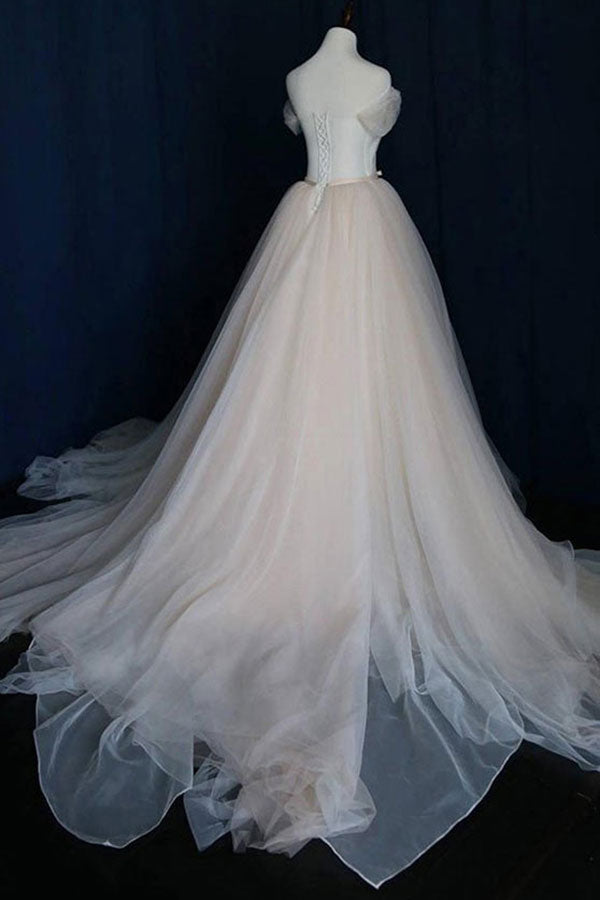 Elegant Long Off the Shoulder Lace-up Ruffle Tulle A-line Wedding Dress