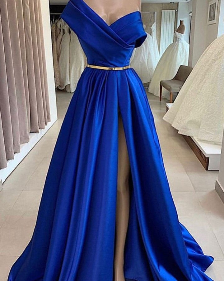 Royal Blue Long One Shoulder Floor Length A-line Prom Dresses with Slit