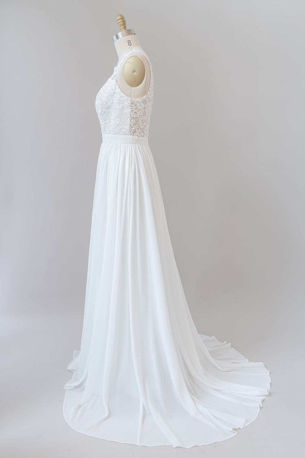 White Long A-line Straps Chiffon Lace Boho Wedding Dresses