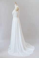 White Long A-line Straps Chiffon Lace Boho Wedding Dresses