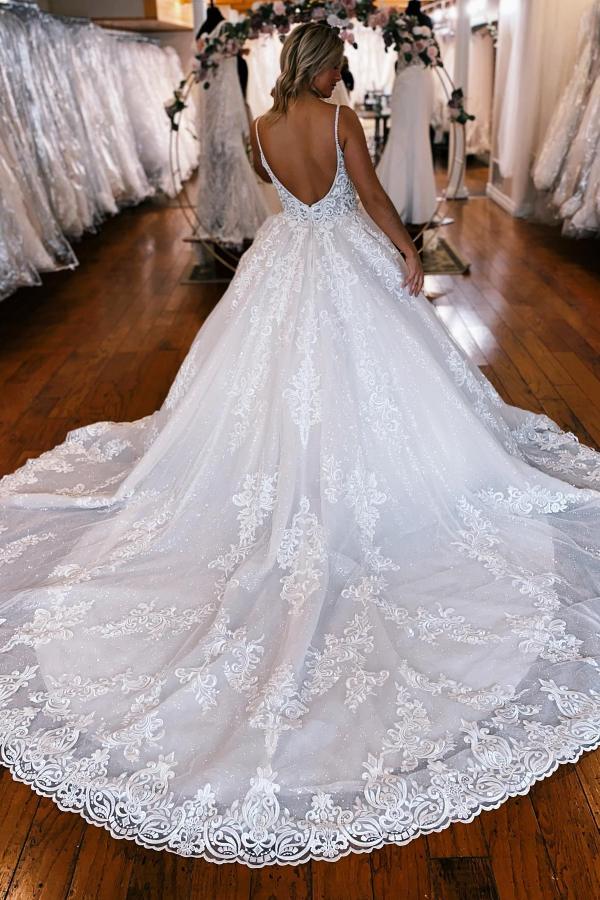 Gorgeous A-Line V-Neck Spaghetti Straps Tulle Lace Long Wedding Dress with Appliques
