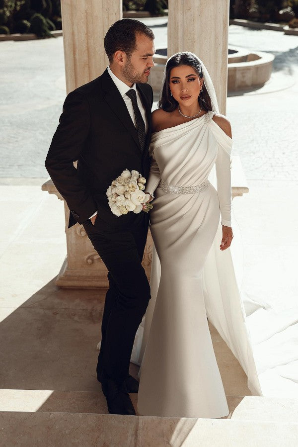 Gorgeous Long Sleeves One Shoulder Mermaid Satin Wedding Dresses