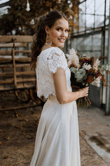 A-line Satin Lace High Low Two Piece Wedding Dress with Short Sleeve