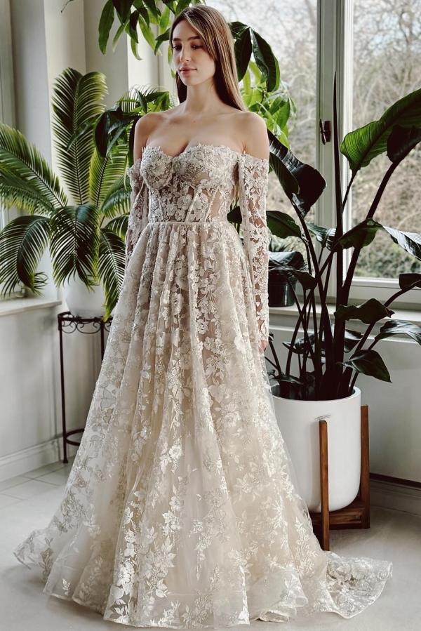 Off The Shoulder Long Sleeve Open Back A Line Tulle Wedding Dresses with Appliques Lace