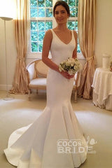 Simple Long Mermaid V-neck Sleeveless Backless Wedding Dress