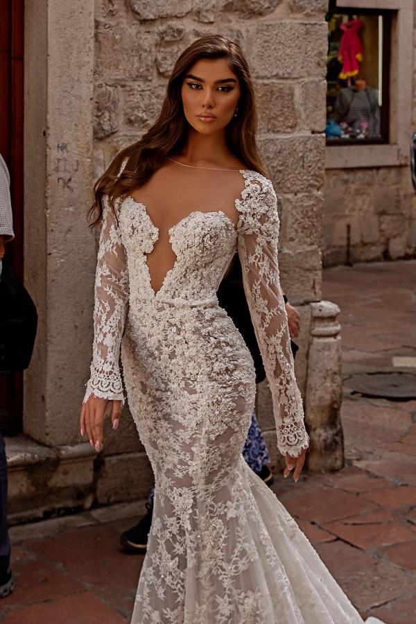 Elegant Long Mermaid Sweetheart Tulle Lace Backless Wedding Dresses with Sleeves