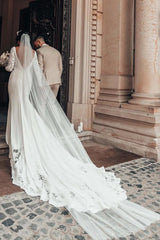 Long Mermaid V-neck Satin Lace Backless Wedding Dress with Sleeves