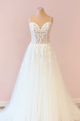 Long A-Line Spaghetti Straps Sweetheart Tulle Appliques Lace Wedding Dress