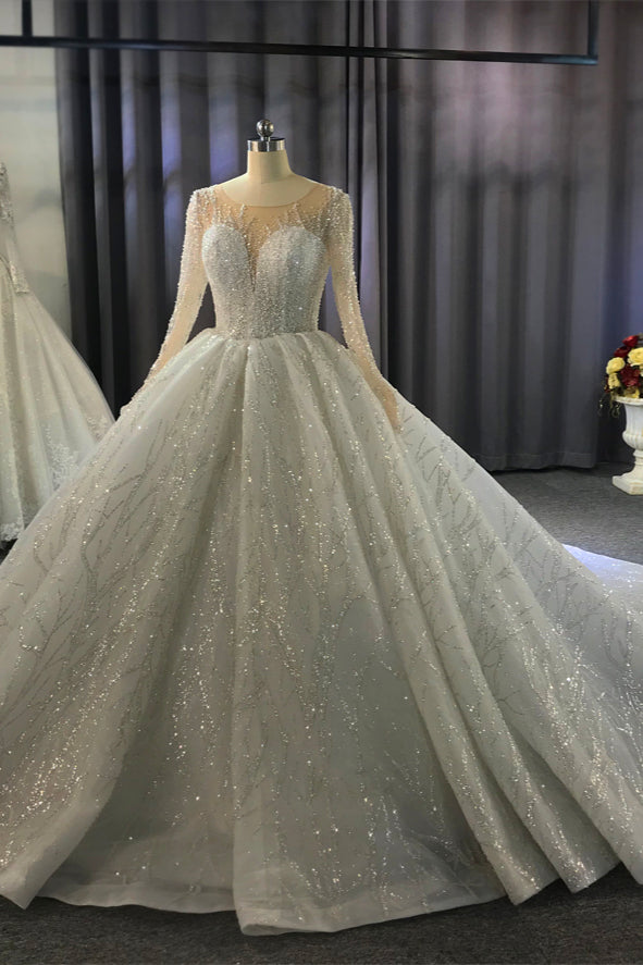 Gorgeous Bateau Long Sleeve Ruffles Floor Length Ball Gown Wedding Dress