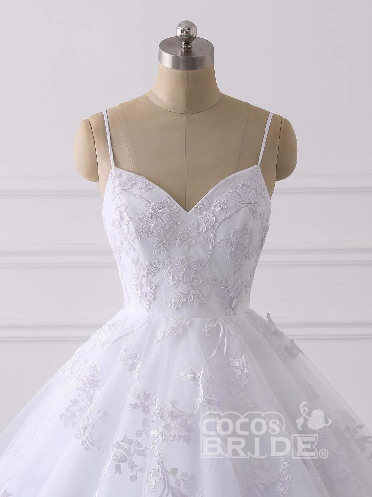Long Ball Gown Spaghetti Straps Lace Tulle Ruffles Wedding Dresses