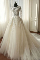 White A-line Organza Lace Long Sleeves Wedding Dresses
