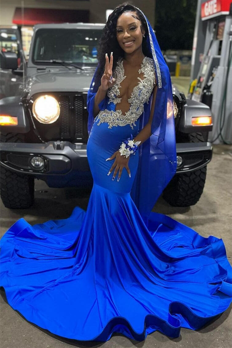 Royal Blue Sleeveless Long Mermaid V-Neck Prom Dress with Beads