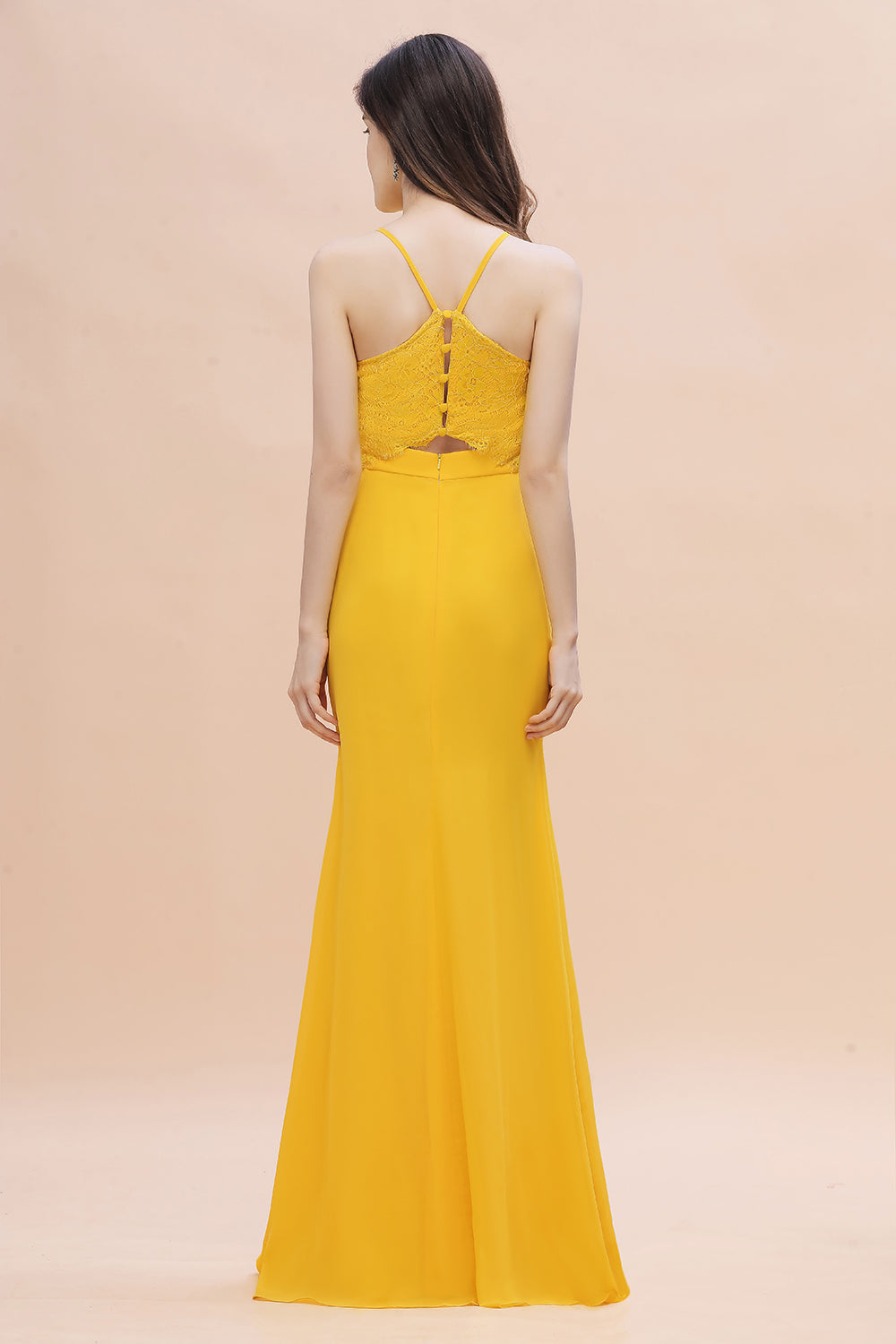 Bright Yellow Spaghetti Straps V-neck Floor Length Backless Bridesmaid Dress