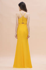 Bright Yellow Spaghetti Straps V-neck Floor Length Backless Bridesmaid Dress