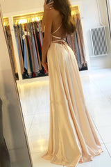 Classy Long A-line Scoop Neck Satin Open Back Prom Dress with Slit
