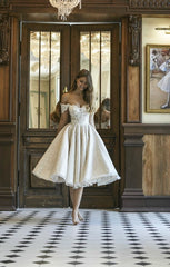 Beautiful Short A-line Glitter Off the Shoulder Lace Appliques Wedding Dress