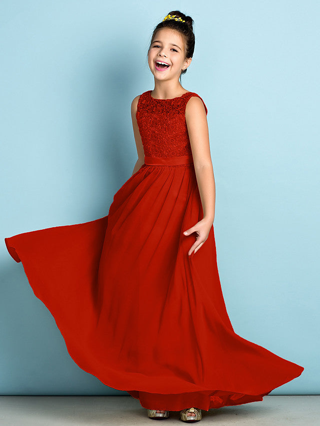 Long A-Line Scoop Neck Floor Length Chiffon Lace Junior Bridesmaid Dress