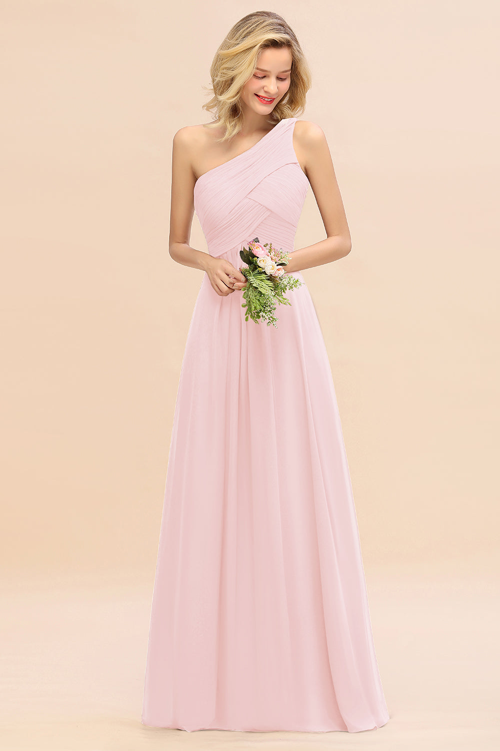 Elegant Blushing Pink A-line Chiffon Ruffles One Shoulder Long Bridesmaid Dress