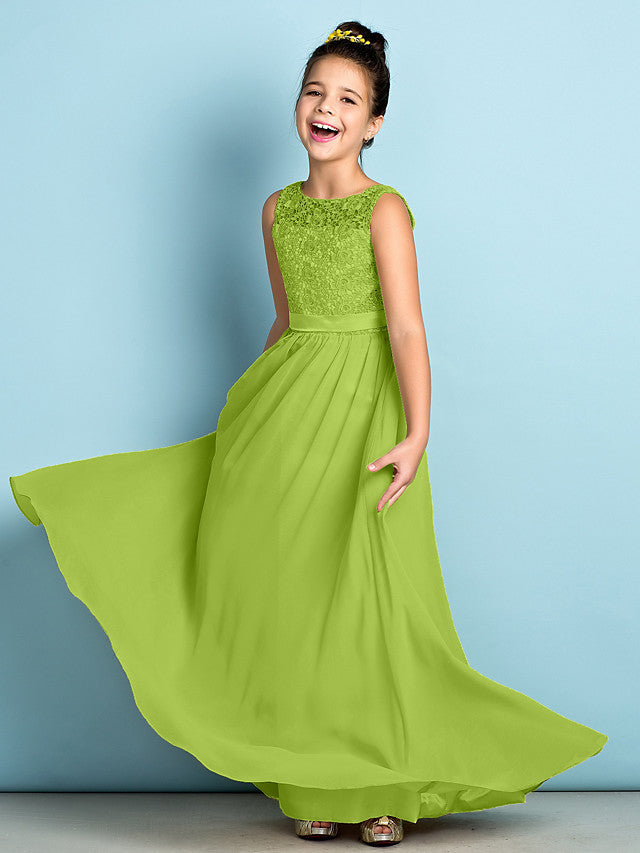 Long A-Line Scoop Neck Floor Length Chiffon Lace Junior Bridesmaid Dress