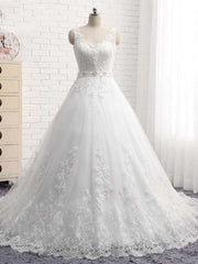 Long V-Neck Beaded Backless Tulle Lace A-Line Wedding Dresses