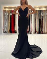 Sexy Black Long Spaghetti Straps V-neck Backless Mermaid Black Prom Dress