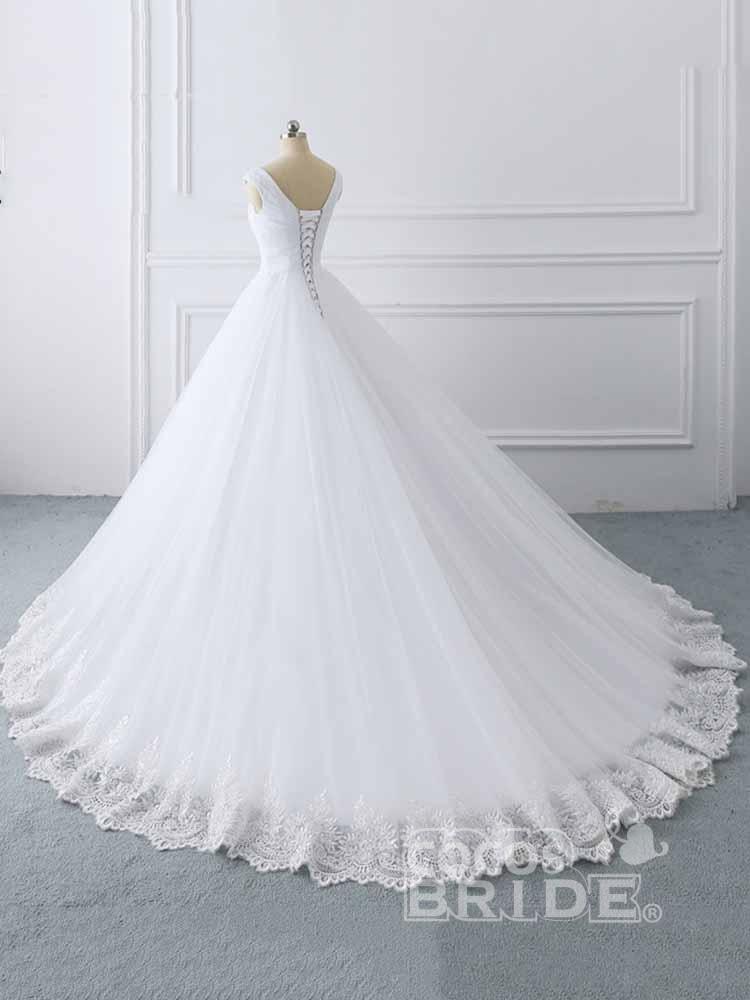Simple Long V-Neck Lace-Up Ruffles Ball Gown Wedding Dresses