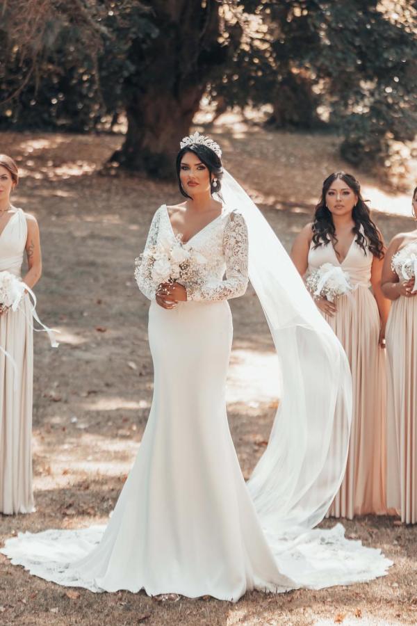 Long Mermaid V-neck Satin Lace Backless Wedding Dress with Sleeves