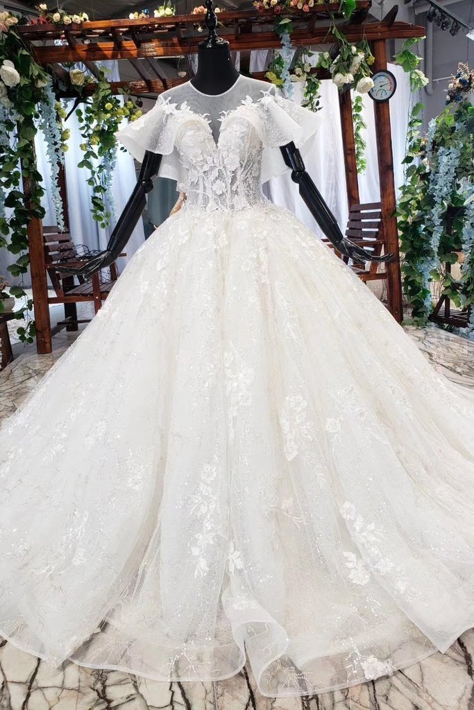 Gorgeous Ball Gown Long Tulle Lace Wedding Dress with Sleeves