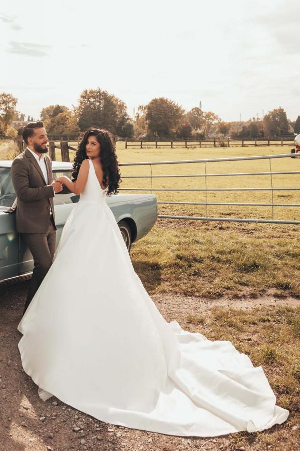 Simple White Long A-line V-neck Satin Wedding Dress with Slit