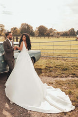 Simple White Long A-line V-neck Satin Wedding Dress with Slit