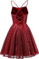 Short A-line Sparkly Spaghetti Straps Sequins Backless Homecoming Dresses