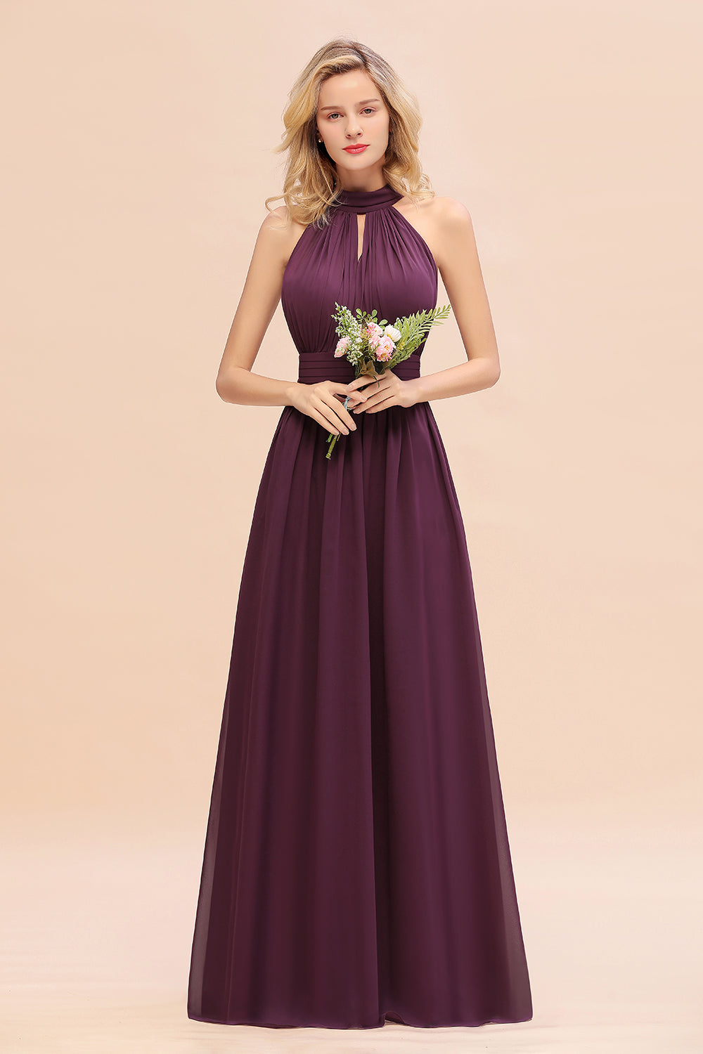 Dusty Sage Long High Neck Chiffon Bridesmaid Dresses with Ruffle