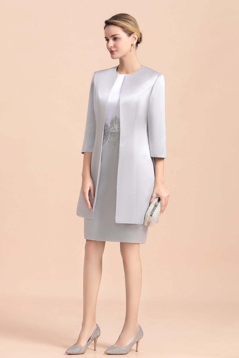 Silve Lace Appliques Short Knee-Length Mother Of the Bride Dress