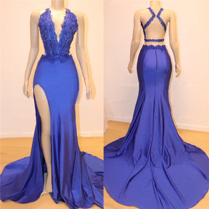 Long V-neck Mermaid Satin Open Back Prom Dresses with Side Slit