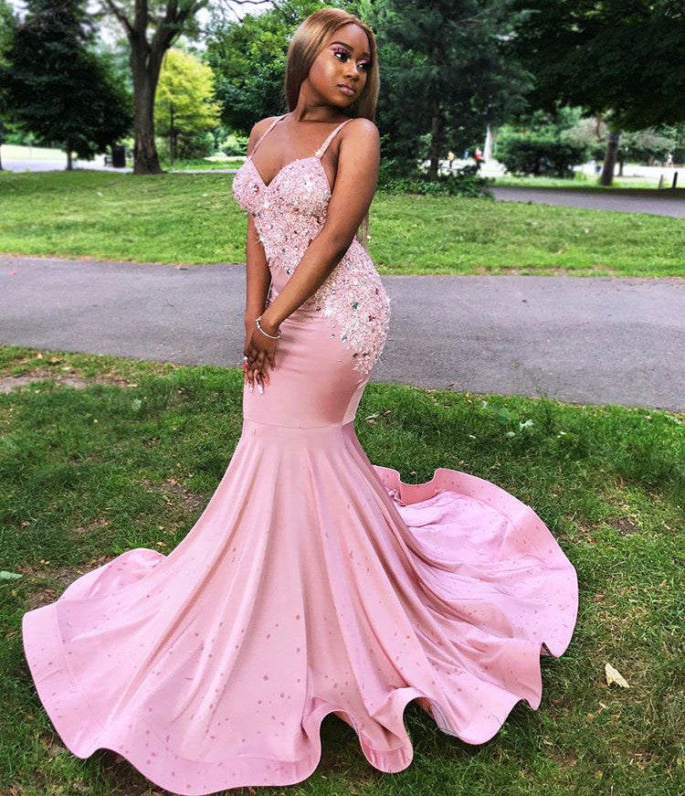 Chic Long Satin Spaghetti Straps Lace Mermaid Plue Size Prom Dress