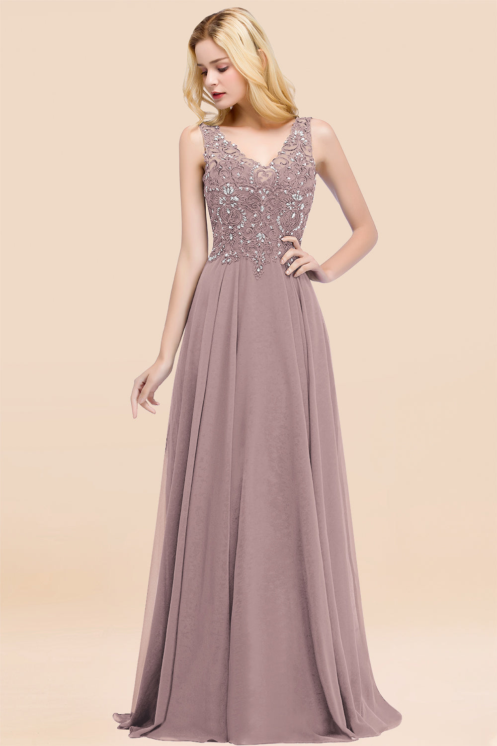 Dusty Rose Lace V-Neck Long Bridesmaid Dresses With Appliques