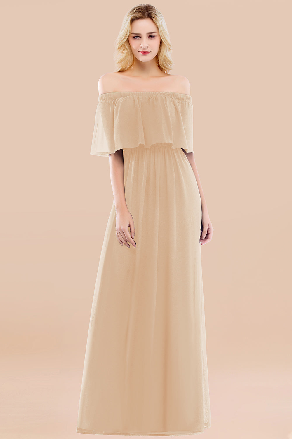 A-line Chiffon Off the Shoulder Short Sleeves Ruffles Floor Length Bridesmaid Dress
