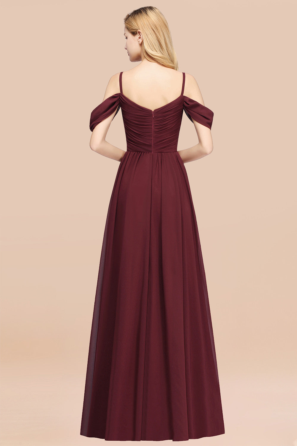 A-Line Chiffon V-Neck Spaghetti Straps Short Sleeves Floor Length Bridesmaid Dresses with Ruffles