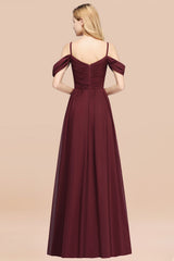 A-Line Chiffon V-Neck Spaghetti Straps Short Sleeves Floor Length Bridesmaid Dresses with Ruffles