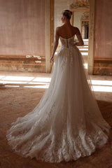 Strapless Long A Line Tulle Appliques Lace Floor Length Wedding Dress with Long Gloves