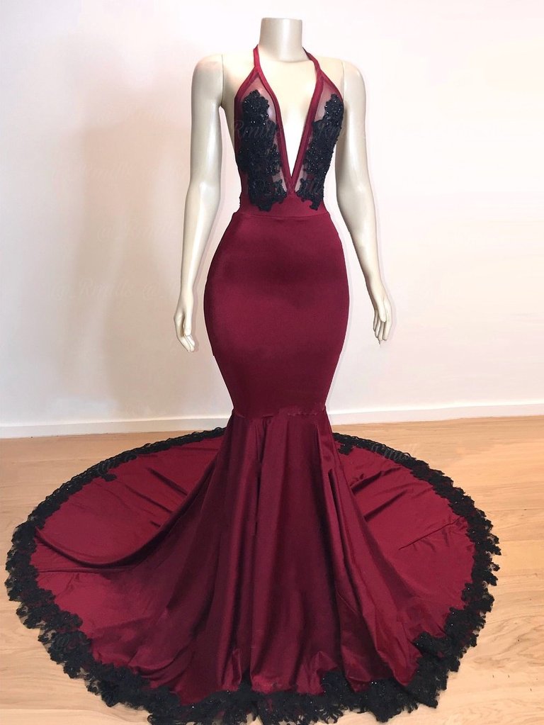 Burgundy V-neck Halter Appliques Long Mermaid Prom Dresses