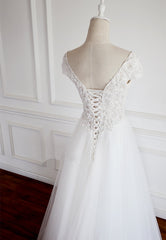 White A-line Tulle V Neck Cap Sleeve Long Lace Wedding Dress